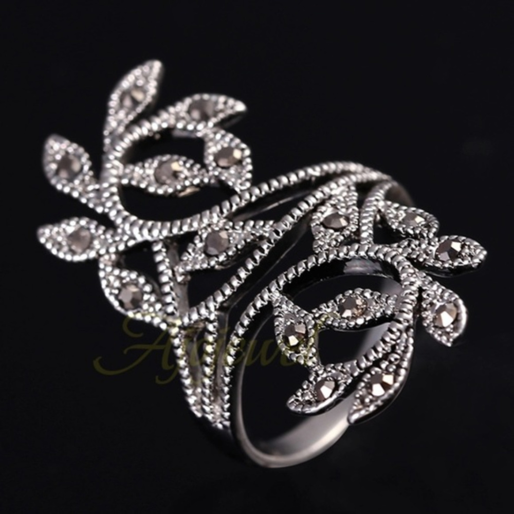 Antique Silver Black Marcasite Retro Vintage Ring - Picture 4 of 5